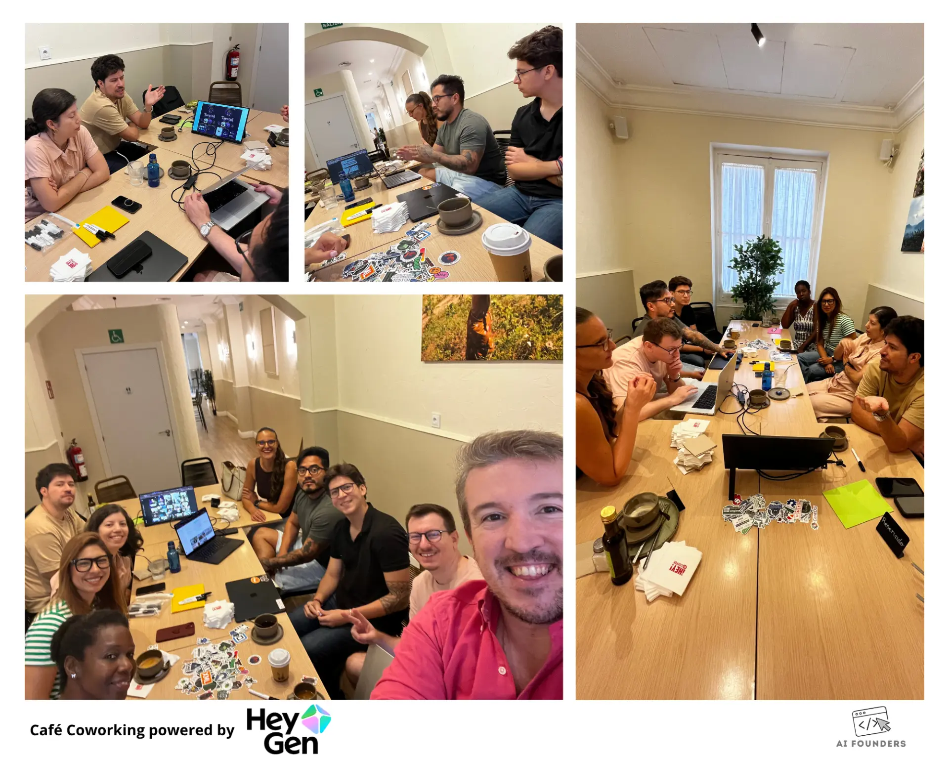 Sesión de Café Coworking de AI Founders con la comunidad reunida alrededor de la mesa larga